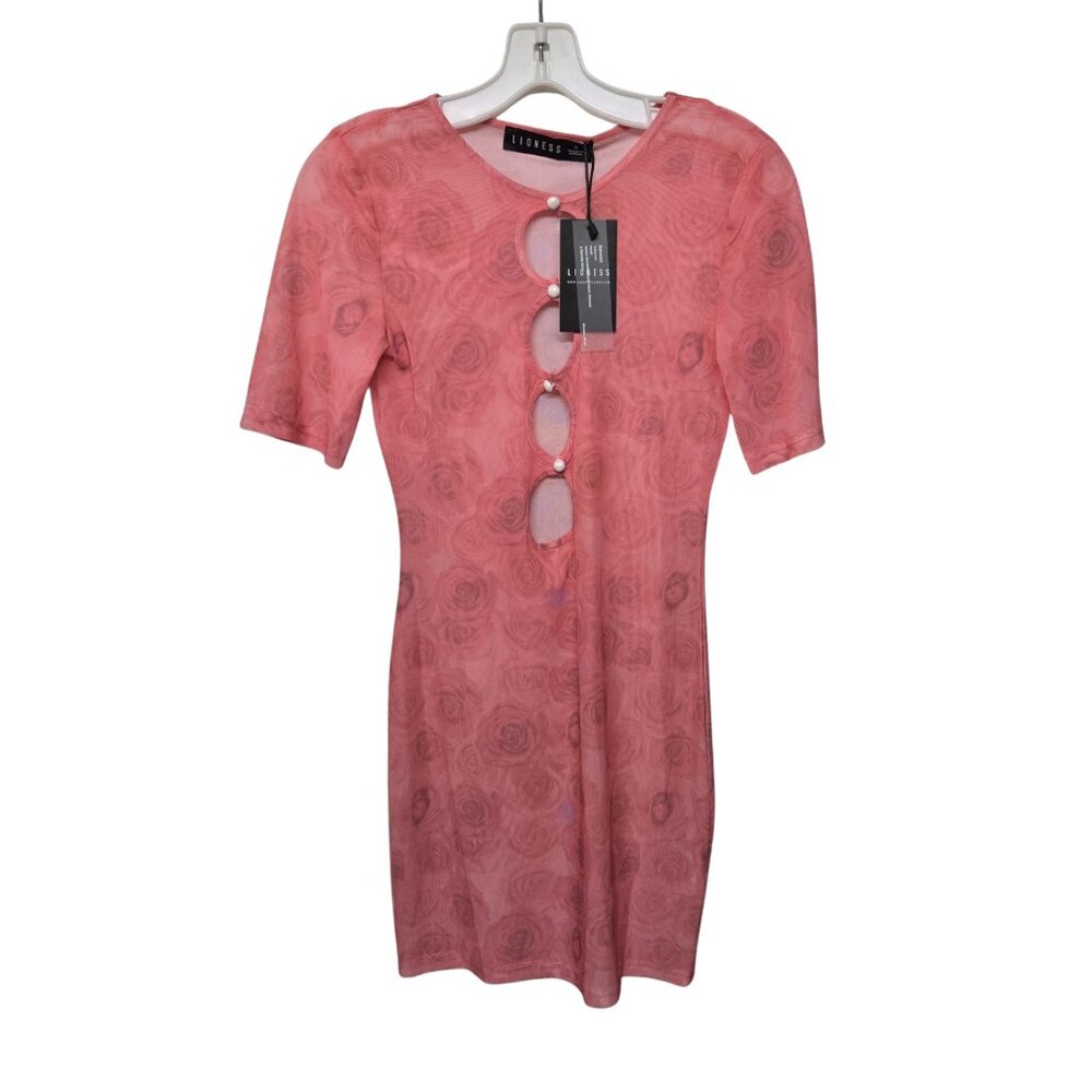 Lioness Hysteria Knit Bodycon Dress S Cut Out Sheer Mesh Rose Print Stretch Pink